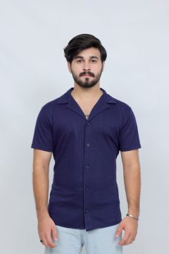391 Navy Blue Color Casual Knit Shirt Textured Half Sleeves