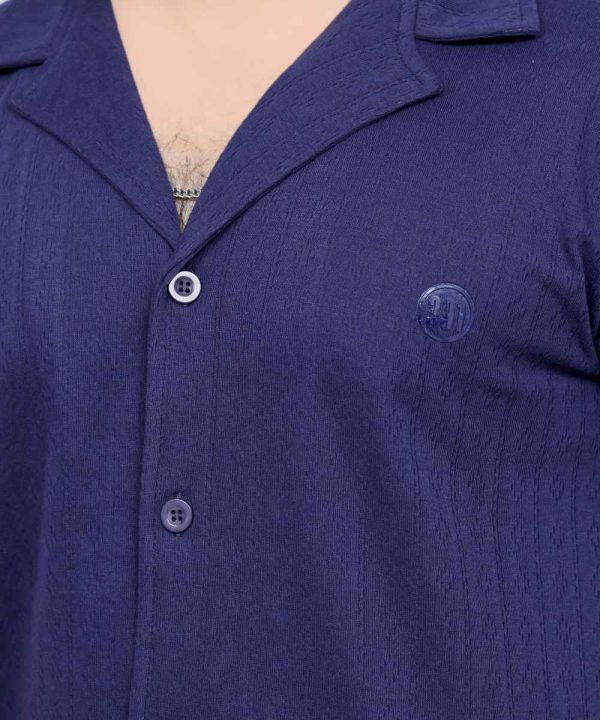 391 Navy Blue Polo T Shirt Textured Half Sleeves Front Close