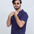 391 Navy Blue Polo T Shirt Textured Half Sleeves Side
