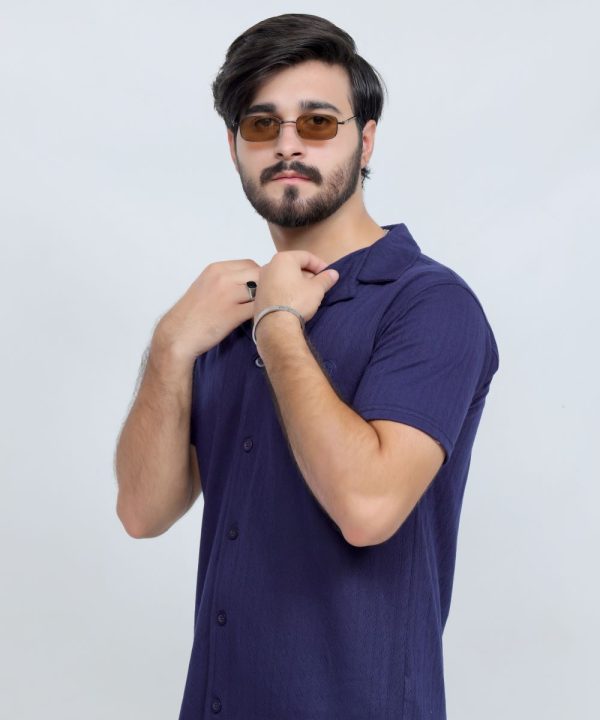 391 Navy Blue Polo T Shirt Textured Half Sleeves Side