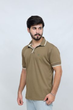 391 Olive With White Color Interlock Polo Shirt Plain Half Sleeves