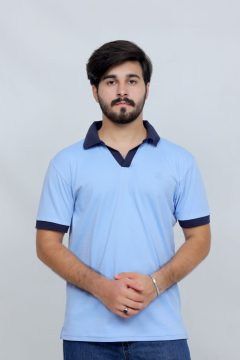 391 Sky Blue Interlock Polo Shirt With Navy Blue Collar Plain Half Sleeves